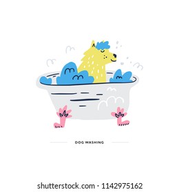 Dog is taking the bath. Pet salon concept. Doodle style vector illustration. 
