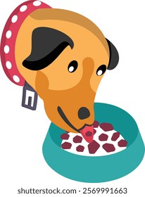 Dog taking kibble diet isometric flat concept, dog eating from bowl vector color icon design, Pet and Vet symbol, Animal Shelter sign, four legged friends stock illustration