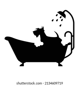 Dog taking shower in bathtub, dog grooming shop logo, pet take a bath emblem, vector