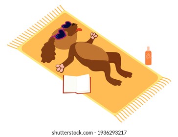 Dog taking sunbath in sunglasses on the beach vacation. Lying and relaxing. Cartoon animal illustration, summer rest concept.