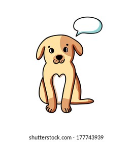 Dog with talking bubble on white background