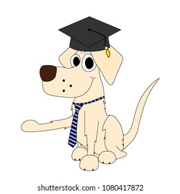 Dog teacher wearing tie and mortaboard with paw up