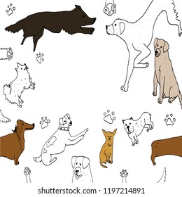 Dog texture drawn in vector. Dogs of different breeds. Children's illustration.