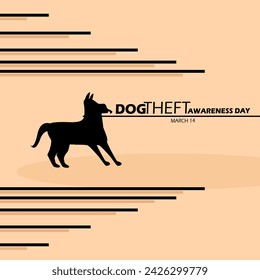 Dog Theft Awareness Day event banner. Illustration of a dog being pulled using a leash to be stolen, with bold text on light brown background to commemorate March 14