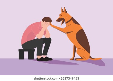 dog therapy concept, dog comfort sad crying man, cartoon vector