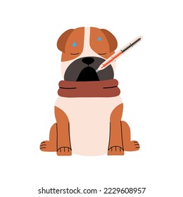 Dog with thermometers in his mouth and high temperature. Animal with symptom of fever, virus. Vector illustration in flat style