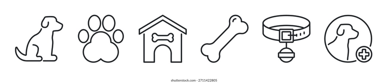 Conjunto de iconos de línea delgada de perro. Iconos mínimos de Web