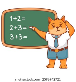 Сhildren dog thinking idea and chalkboard.A student solves a math problem at the blackboard.Dog character cartoon schoolboy.Student in trouble.Solves  mathematical problem. 