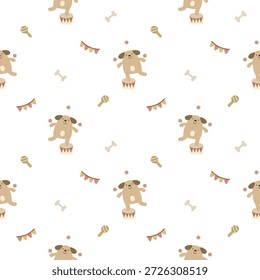 Dog throw ball cartoon so cute. On flag bone background. Pattern seamless vector illustration. 