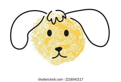 Dog thumbprint, isolated portrait of canine domestic animal with ears. Cute pet facial expression, line art childish painting. Simple drawing of character with finger stamp, vector in flat style