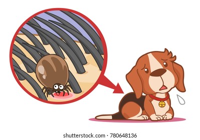 Dog Tick Sitting On Skin Under Fur Cartoon Vector Illustration Character Bug Isolated Animal Closeup 