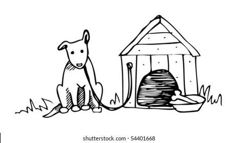 a dog tied to the dog house,vector