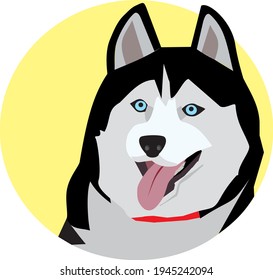 Dog with tongue sticking out, husky label for advertising, pet, sled dog for sled racing, purebred dog badge, red collar beast vector, animal contests advertisement