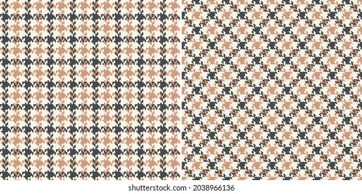 Dog Tooth Check Plaid Pattern In Grey And Beige For Scarf, Bandana, Dress, Skirt, Jacket. Seamless Light Houndstooth Tartan Background Vector Set For Modern Spring Autumn Winter Fashion Fabric Design.