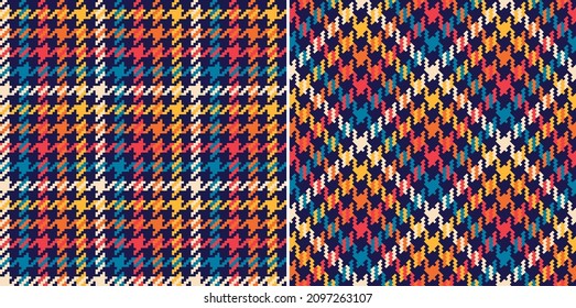 Dog tooth check plaid pattern in navy blue, red, orange, yellow, beige. Seamless pixel houndstooth tweed tartan set for spring autumn winter scarf, jacket, dress, skirt, other fashion textile design.