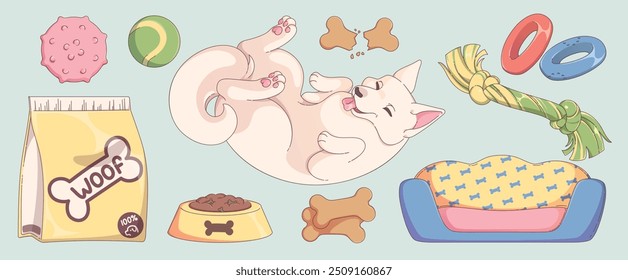 Brinquedo de cachorro, cama e ícone de comida para pet shop. Material de filhote e suprimentos para veterinário ou interior de casa. Coleção gráfica isolada de acessórios para canil. Bonito canino bola, tigela e corda para jogar clipart jogo