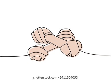 Hundespielzeug, Knochen eine Linie gefärbte kontinuierliche Zeichnung. Tierzubehör, Heimtierspielzeug liefert kontinuierliche Illustration. Vektorgrafik.