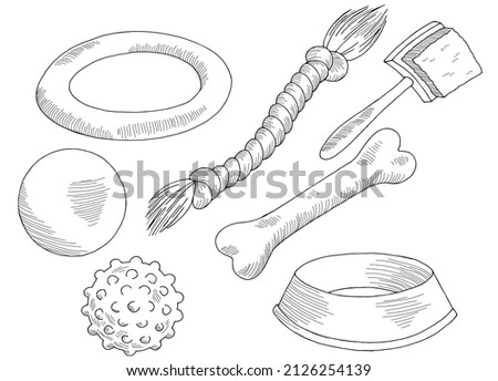 Dog toy pet set black white isolated sketch illustration vector