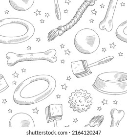 Dog toy seamless pattern pet black white sketch illustration vector