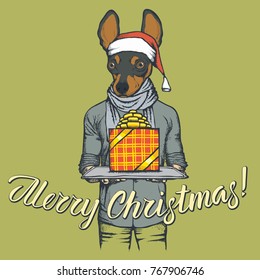 Dog toy terrier  vector Christmas concept. Illustration of dog in human suit celebrating new year