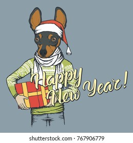Dog toy terrier  vector Christmas concept. Illustration of dog  in human sweatshirt with gift in his hads celebrating new year