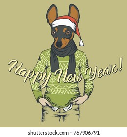 Dog toy terrier  vector Christmas concept. Illustration of dog  in human sweatshirt celebrating new year