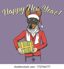 Dog toy terrier  vector Christmas concept. Illustration of dog  in human suit with gift in his hads celebrating new year