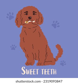 Dog with toys for brushing or massaging teeth. Dog dental health. Canine dental care and hygiene concept. Vector illustration