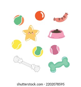 Dog toys clipart vector set. Dog plastic balls toys, chewing toy, pet dog bowl, bone toy. Pet shop accessories for dogs.