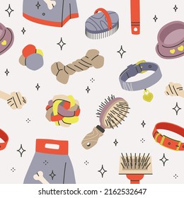 Dog toys and equipments seamless pattern. Flat colorful repeatable design. Hand-drawn vector block print. 