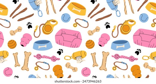 Dog toys seamless pattern. Pets supplies, playing accessories for puppy. knotted rope, ball, collar, chewing items, squeaky ball, bowl. Flat vector cartoon background isolated on white background