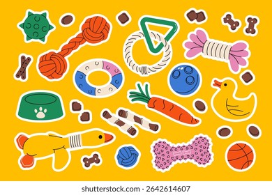 Adesivos de brinquedos para cães. Cartoon bonitinho de borracha de cachorrinho e acessórios de brinquedo de pelúcia, bolas planas coloridas ossos cordas e mastigar coisas para cães adultos e filhotes. Conjunto de loja de animais de estimação vetorial.
