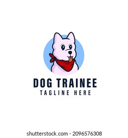 Dog Trainee Logo With Cartoon Mascot. Design Of Dog Trainee Logo With The Blue Circle Vector Template