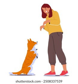 Dog Trainer Character Giving Command Bunny To Attentive Dog Standing On Its Hind Legs. Scene Highlights The Bond And Training Techniques Used Between Handler And Their Pet. Cartoon Vector Illustration