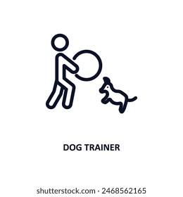 icono de adiestrador de perros. Icono de entrenador de perros de línea delgada de la colección de personas. Vector de contorno aislado sobre fondo blanco. El símbolo editable del entrenador del perro se puede utilizar Web y móvil