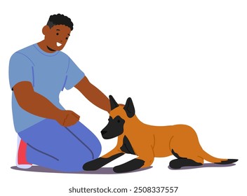 Dog Trainer Kneeling And Giving Lay Down Command To Obedient Dog. Happy Trainer Character Is Bonding With Dog During A Training Session, Demonstrating Discipline And Companionship. Vector Illustration