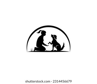 Dog trainer logo. Human and dog silhouette vector design logo, dog sitter, dog lover illustration.