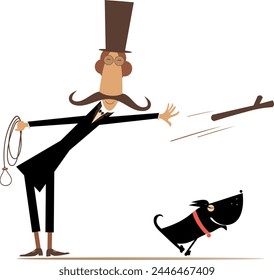 Dog trainer. Man playing with a dog. 
Cartoon long mustache gentleman in the top hat throws a stick to the happy dog. Isolated on white background
