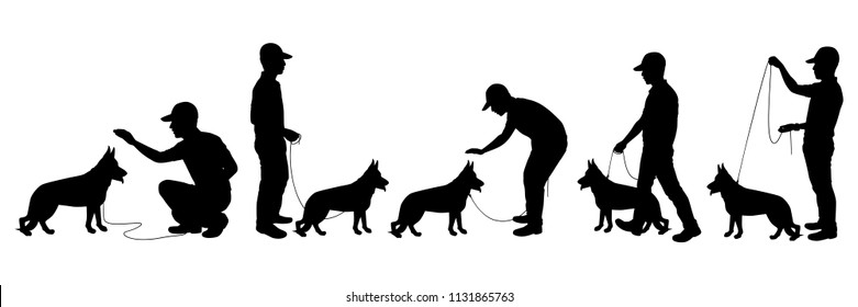 Dog and its trainer silhouette vector set