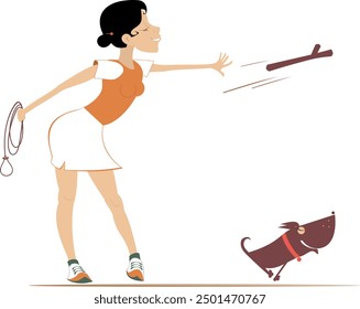 Dog trainer. Woman playing with a dog. 
Young woman throws a stick to the happy dog. Isolated on white background
