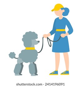 Dog trainer woman in uniform and grey poodle 