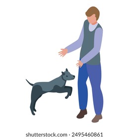 Dog trainer is working with a playful dog, encouraging it to jump during a training session