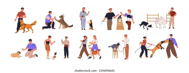 Dog trainers set. Pet owners, sitters training obedience, teaching commands with canine animals, playing with agile obedient puppies. Flat graphic vector illustration isolated on white background