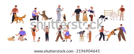 Dog trainers set. Pet owners, sitters training obedience, teaching commands with canine animals, playing with agile obedient puppies. Flat graphic vector illustration isolated on white background