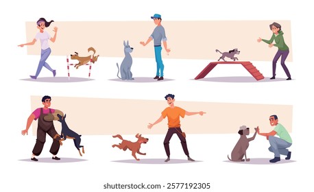 Dog trainers. Teachers for animals people dog training exact vector puppies making special exercises