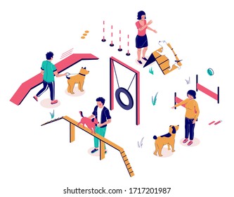 Dog trainers teaching pet dogs to play and perform tricks on playground, vector flat illustration. Isometric male and female characters, equipment for animal training. Dog obedience training classes. svg