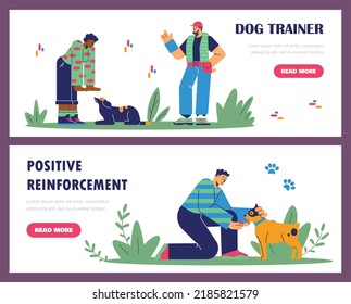 Juego de banners web de formación de perros, ilustración vectorial plana. Un entrenador profesional de perros enseña a los perros a realizar órdenes. El hombre da a sus crías tratamiento como refuerzo positivo.