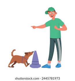 Dog training, agility competition. Cute corgi puppy overcomes obstacle course. Trainer teaches tricks to puppies. man does exercises, commands with his cute little dog. Flat vector 