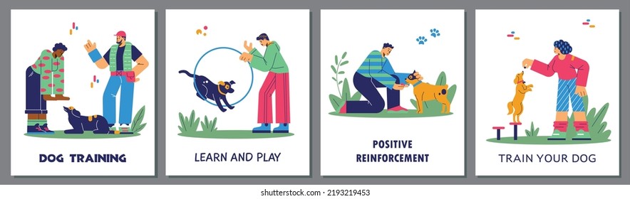 Dog training cards or banners set with people teaching their dog pets to obey with positive reinforcement and encouragement, flat vector illustration.