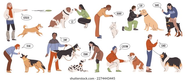 Dog training. Cartoon obedient pets carry out dog different handler commands, owner trains animals, outdoor puppy active teaching on professional playground tidy vector cartoon flat set